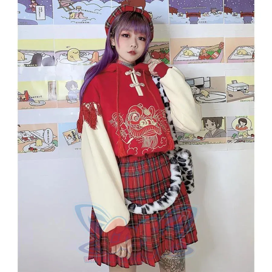 Lucky Tassel Embroidery Frogging Drawstring Hoodie