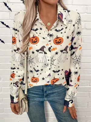 LUNE Women Halloween Print Button-Down Long Sleeve Autumn Blouse