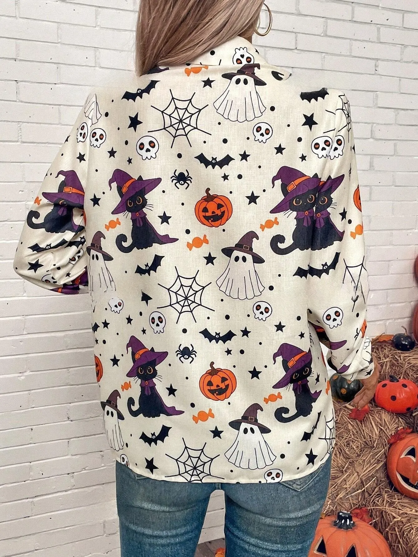 LUNE Women Halloween Print Button-Down Long Sleeve Autumn Blouse