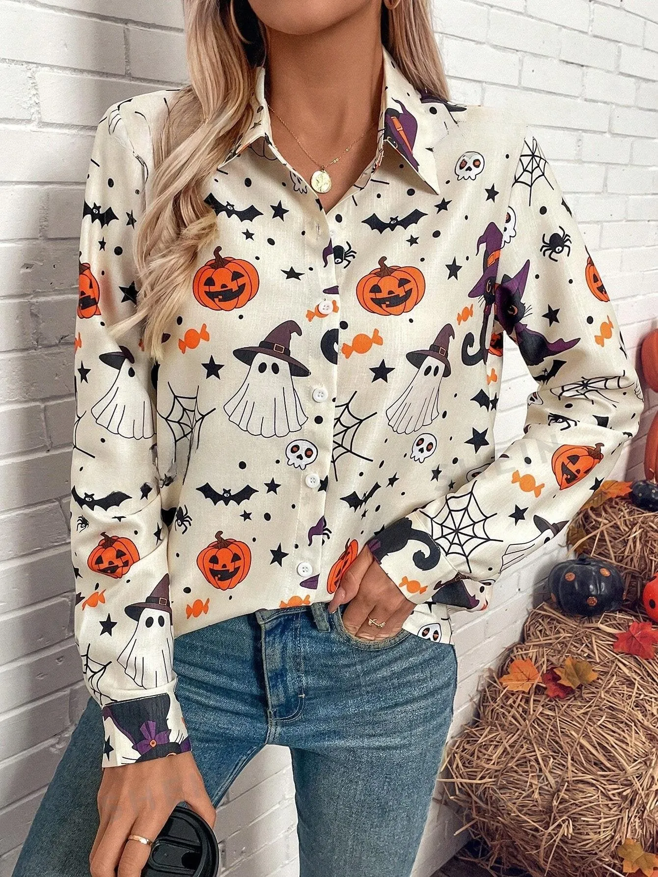 LUNE Women Halloween Print Button-Down Long Sleeve Autumn Blouse