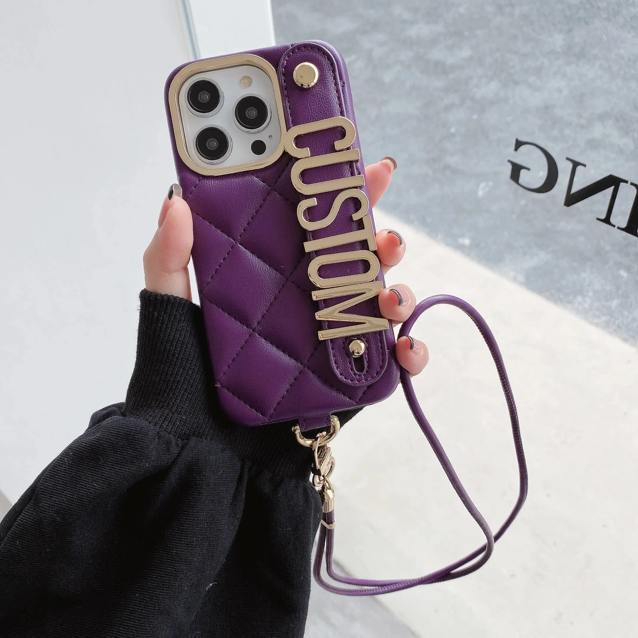 Luxury Leather Personalized Metal Letters Custom Case for iPhone With Lanyard