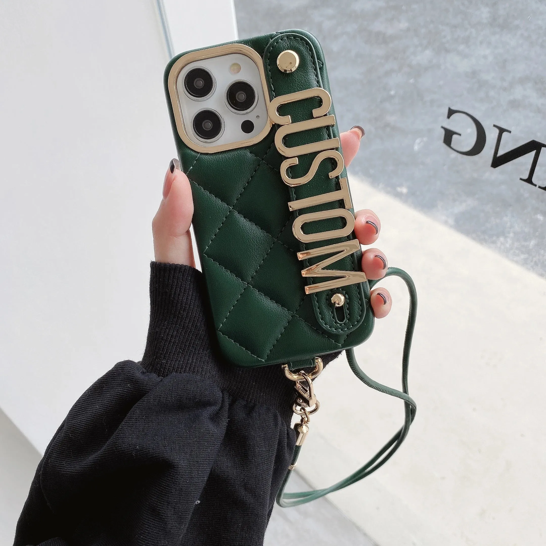 Luxury Leather Personalized Metal Letters Custom Case for iPhone With Lanyard