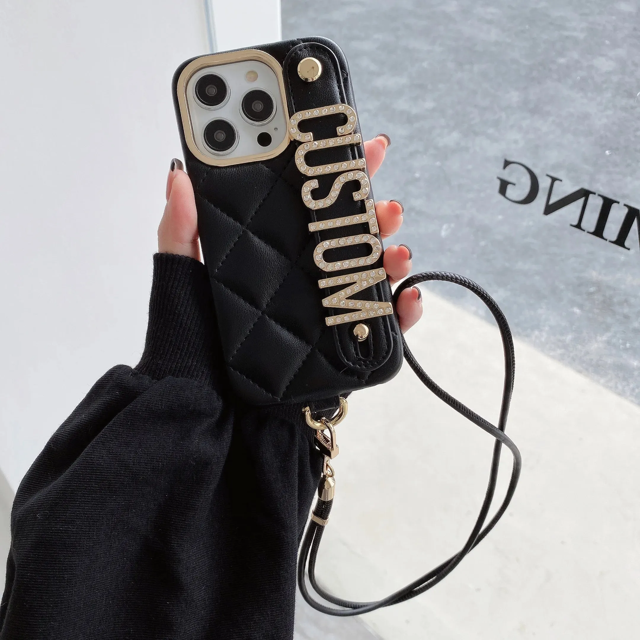 Luxury Leather Personalized Metal Letters Custom Case for iPhone With Lanyard