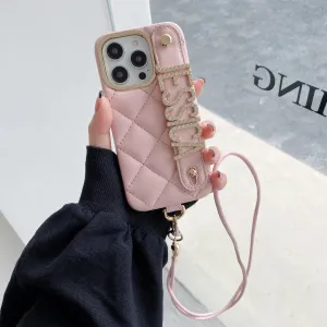 Luxury Leather Personalized Metal Letters Custom Case for iPhone With Lanyard