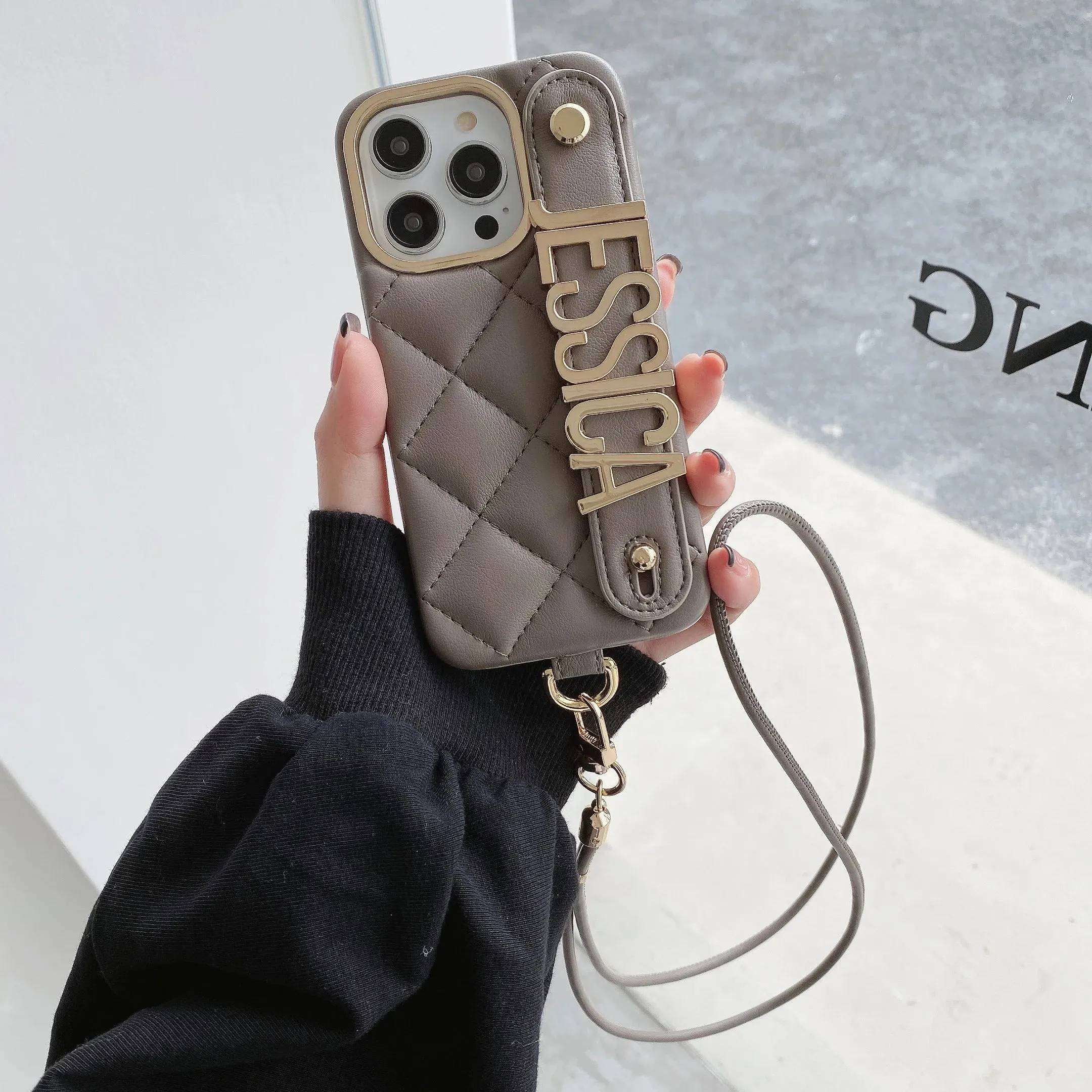 Luxury Leather Personalized Metal Letters Custom Case for iPhone With Lanyard