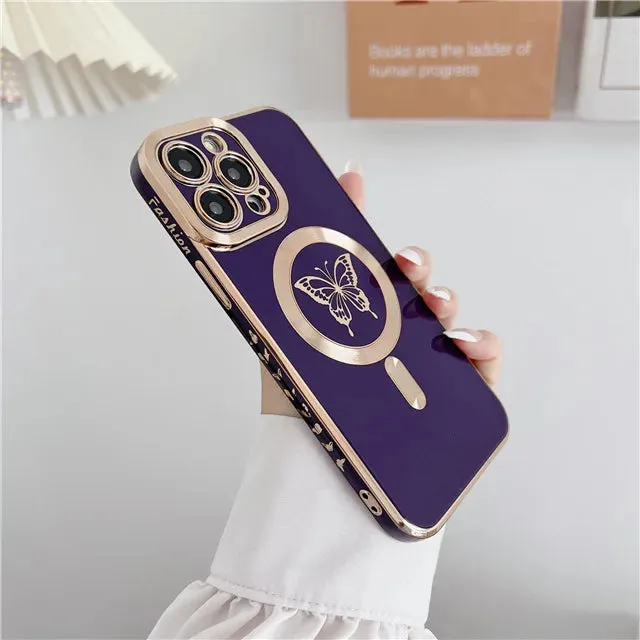 Luxury Magsafe Magnetic Square Plating Butterfly Case For iPhone