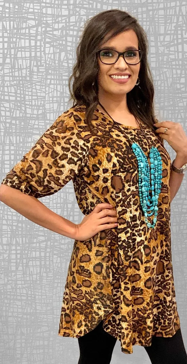 M, 2X, 3X Tan & Brown Leopard Scoop Tunic