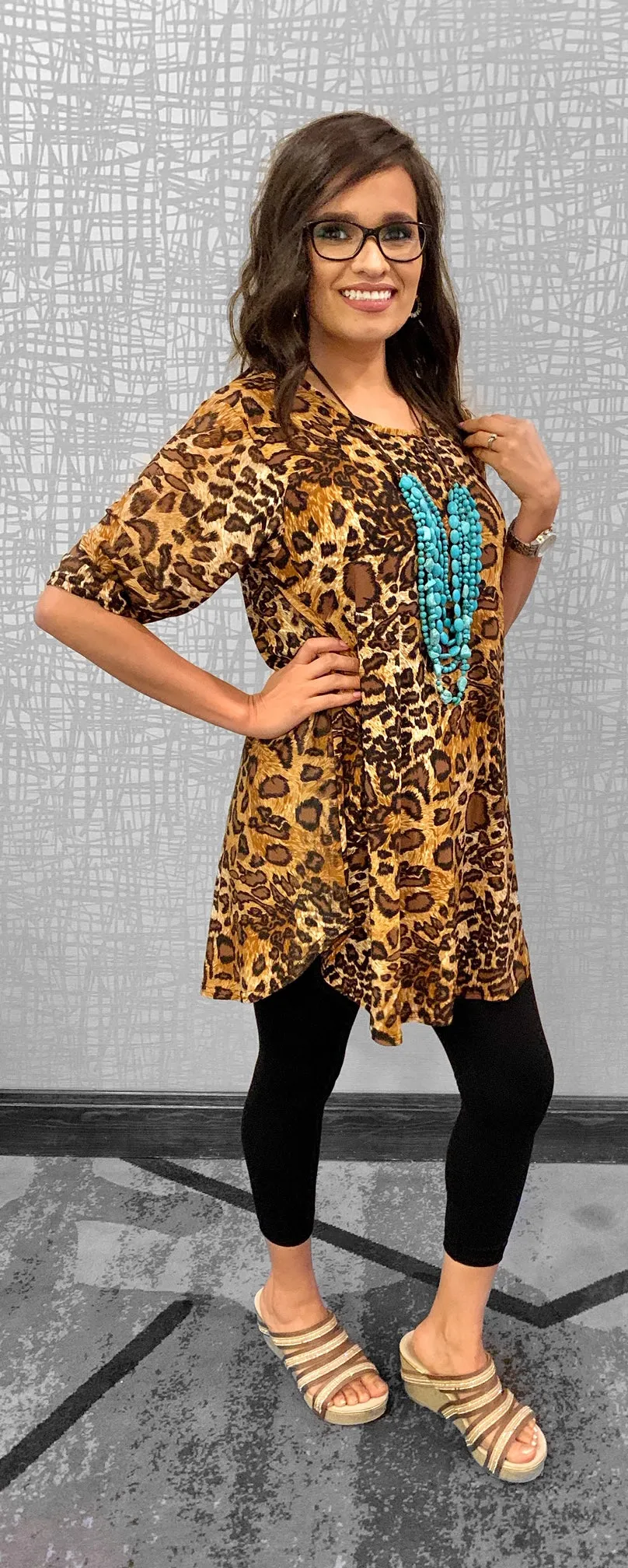 M, 2X, 3X Tan & Brown Leopard Scoop Tunic