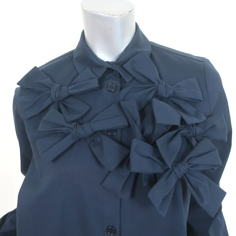 Machka Bow-Embellished Button Down Shirt Navy Poplin Size 36 Long Sleeve Top