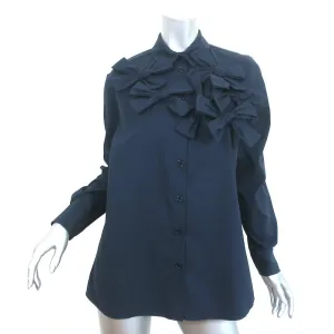 Machka Bow-Embellished Button Down Shirt Navy Poplin Size 36 Long Sleeve Top