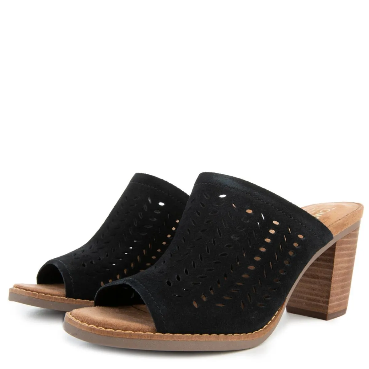 Majorca Mule Heels in Black Suede/Perforated Leaf