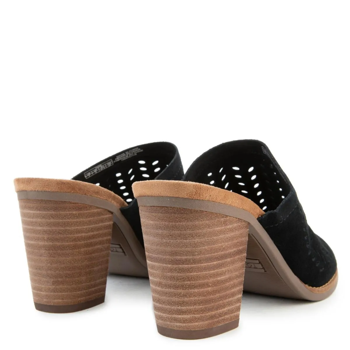 Majorca Mule Heels in Black Suede/Perforated Leaf