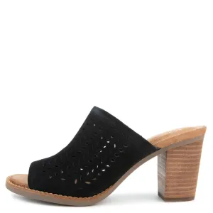 Majorca Mule Heels in Black Suede/Perforated Leaf