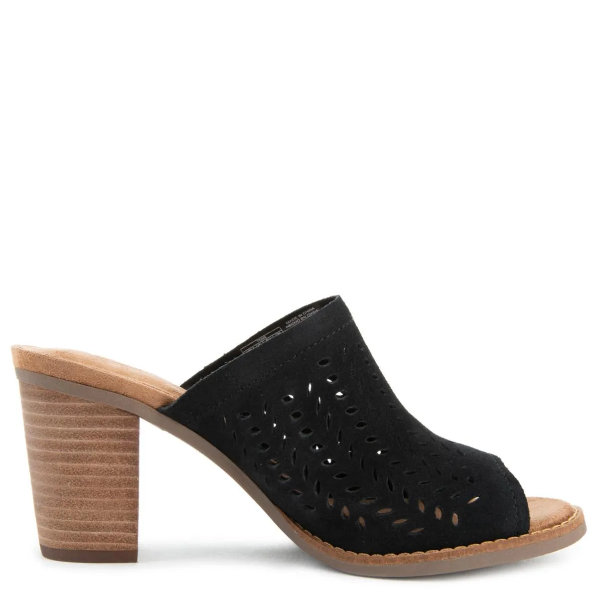 Majorca Mule Heels in Black Suede/Perforated Leaf