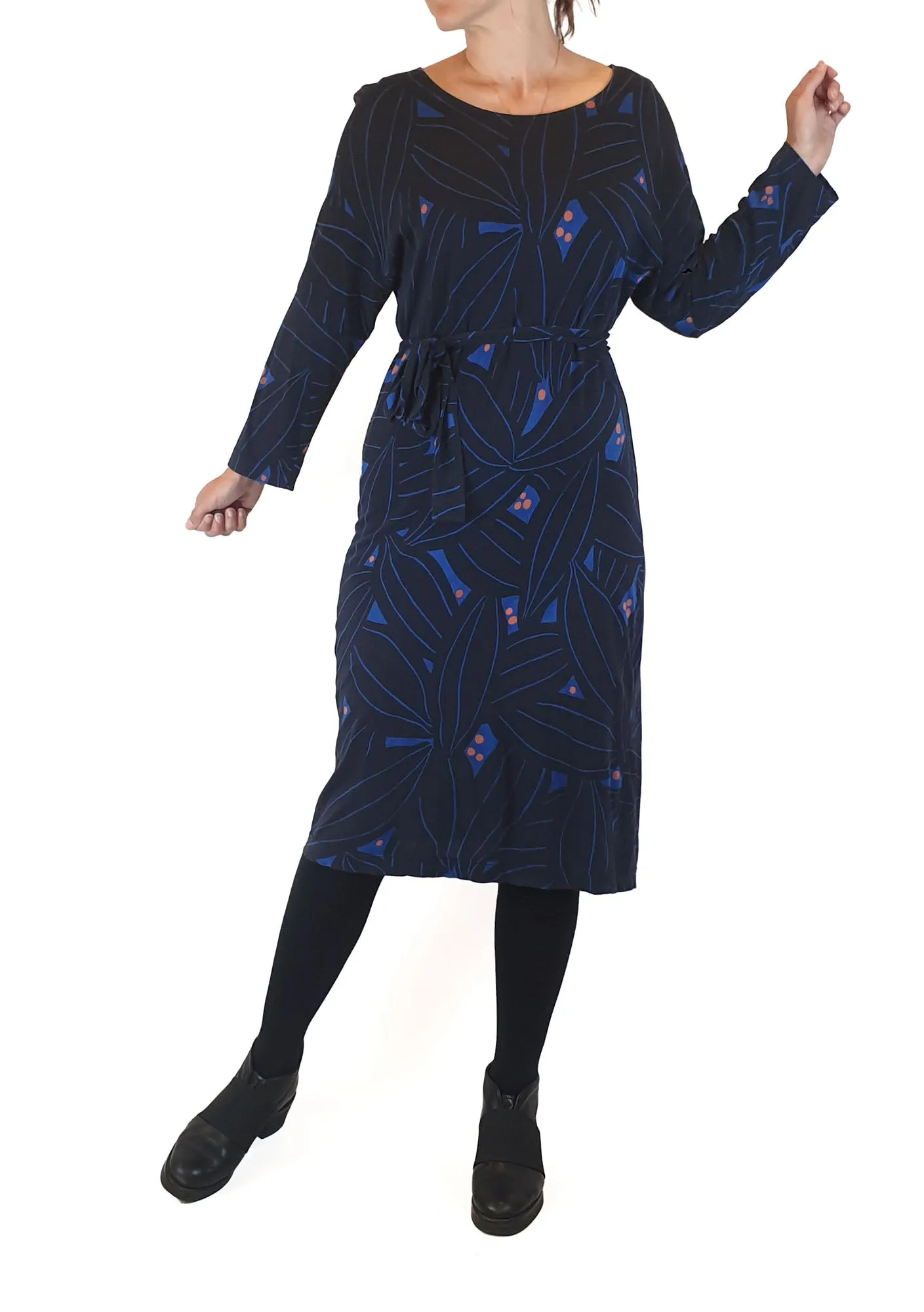 Marimekko navy long sleeve dress with pretty blue and orange print size XS (best fits 8)