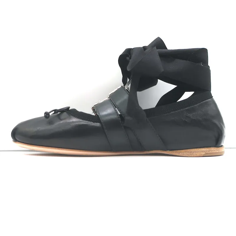 Miu Miu Buckled Ankle Tie Ballet Flats Black Leather Size 36.5 NEW