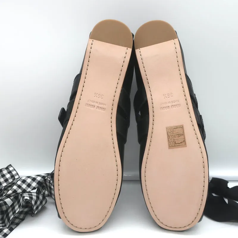 Miu Miu Buckled Ankle Tie Ballet Flats Black Leather Size 36.5 NEW