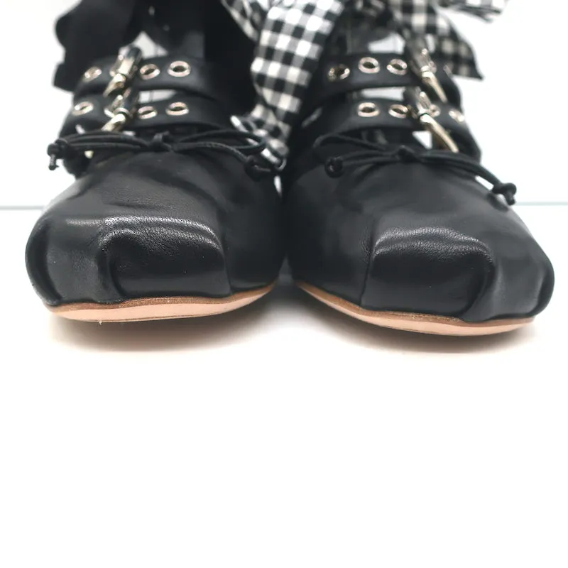 Miu Miu Buckled Ankle Tie Ballet Flats Black Leather Size 36.5 NEW