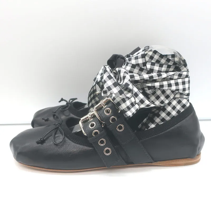Miu Miu Buckled Ankle Tie Ballet Flats Black Leather Size 36.5 NEW