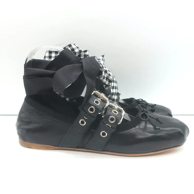 Miu Miu Buckled Ankle Tie Ballet Flats Black Leather Size 36.5 NEW