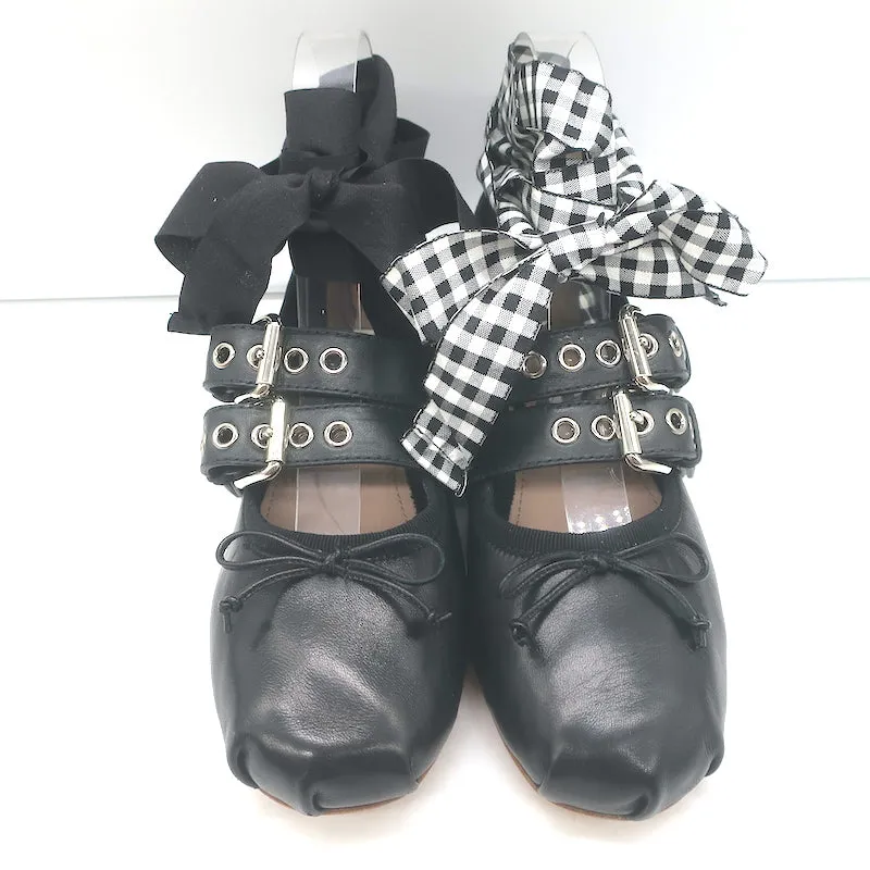 Miu Miu Buckled Ankle Tie Ballet Flats Black Leather Size 36.5 NEW