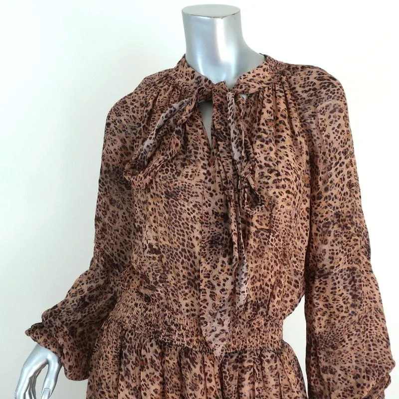 ML Monique Lhuillier Pussy Bow Midi Dress Leopard Print Georgette Size 10