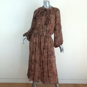 ML Monique Lhuillier Pussy Bow Midi Dress Leopard Print Georgette Size 10