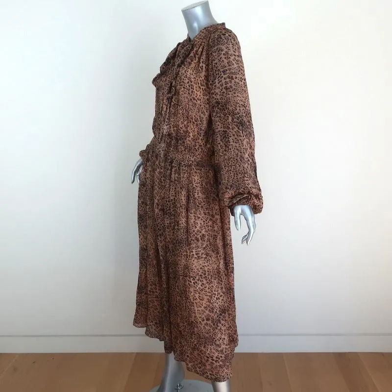 ML Monique Lhuillier Pussy Bow Midi Dress Leopard Print Georgette Size 10