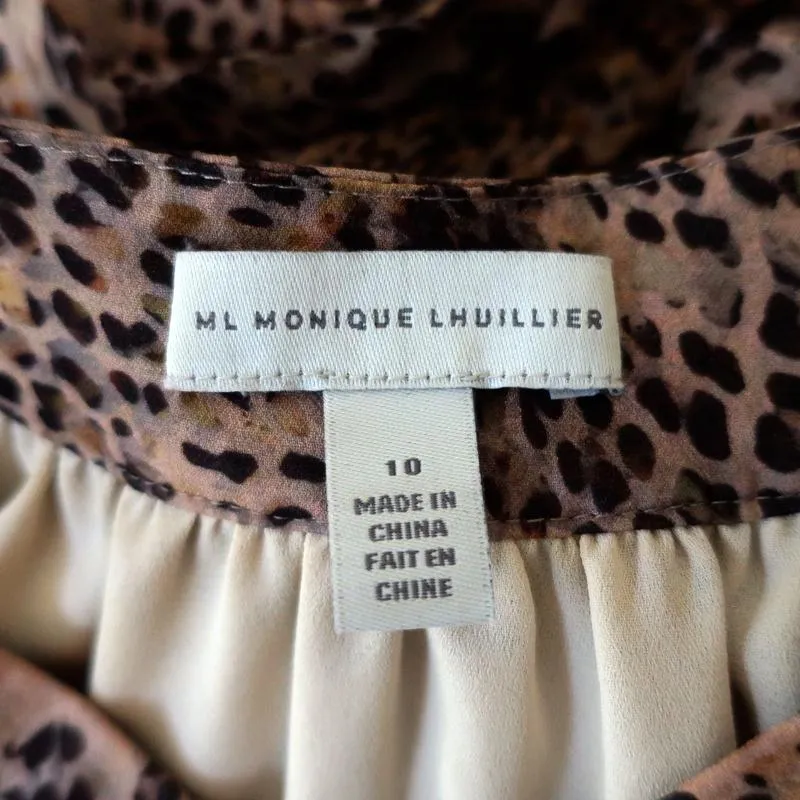 ML Monique Lhuillier Pussy Bow Midi Dress Leopard Print Georgette Size 10