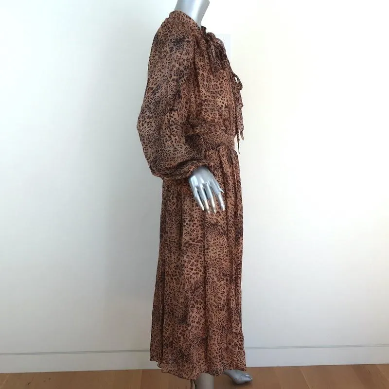 ML Monique Lhuillier Pussy Bow Midi Dress Leopard Print Georgette Size 10