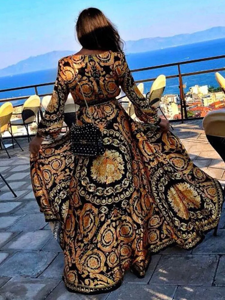 Neck Glitter Deep V Neck Print Dress