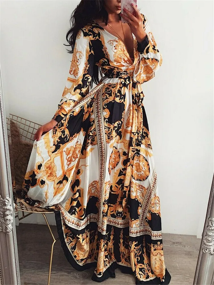 Neck Glitter Deep V Neck Print Dress