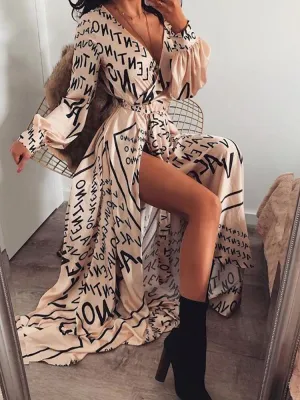 Neck Glitter Deep V Neck Print Dress