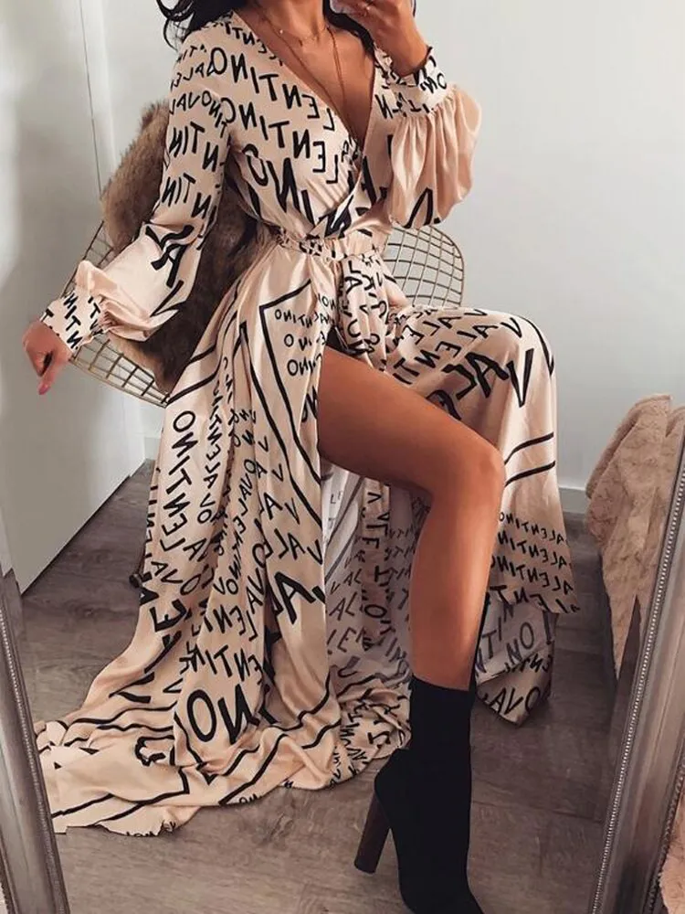 Neck Glitter Deep V Neck Print Dress
