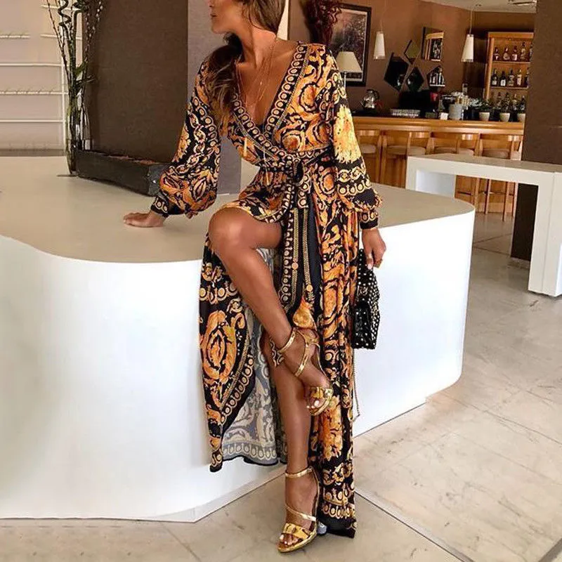 Neck Glitter Deep V Neck Print Dress