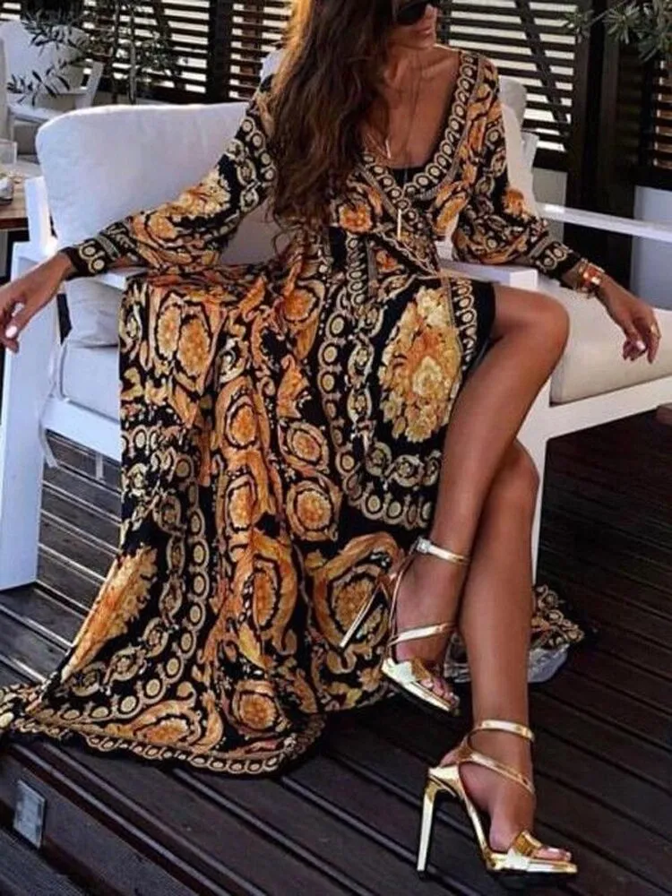 Neck Glitter Deep V Neck Print Dress