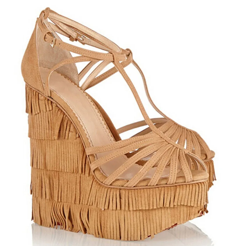 new fashion cut-outs cross strap tassels wedge sandals high platform height increasing woman sandal shoes
