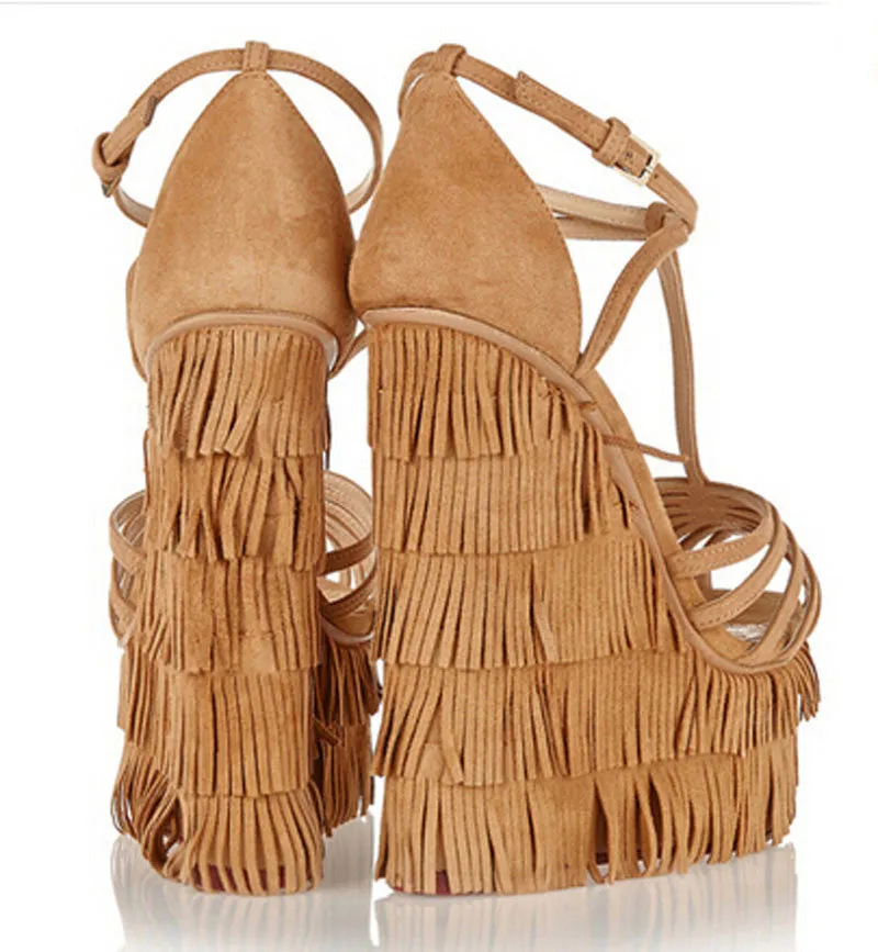 new fashion cut-outs cross strap tassels wedge sandals high platform height increasing woman sandal shoes
