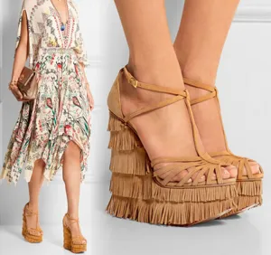 new fashion cut-outs cross strap tassels wedge sandals high platform height increasing woman sandal shoes