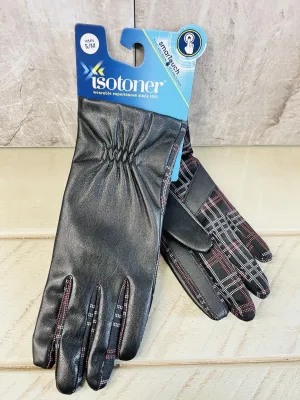 NEW Isotoner Women's Black Leather and Plaid Print Gloves S/M - Retails $50 