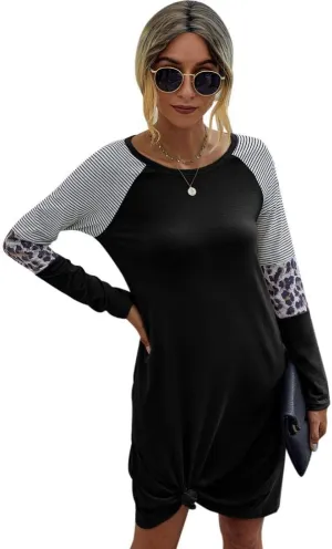 New Womens Yacun Casual Tshirt Long Sleeve Crewneck Stripe Leopard Midi Dress, Black, Sz M!