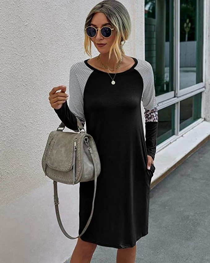New Womens Yacun Casual Tshirt Long Sleeve Crewneck Stripe Leopard Midi Dress, Black, Sz M!