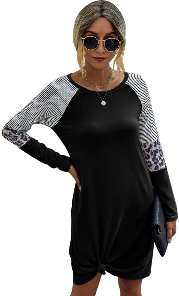 New Womens Yacun Casual Tshirt Long Sleeve Crewneck Stripe Leopard Midi Dress, Black, Sz M!