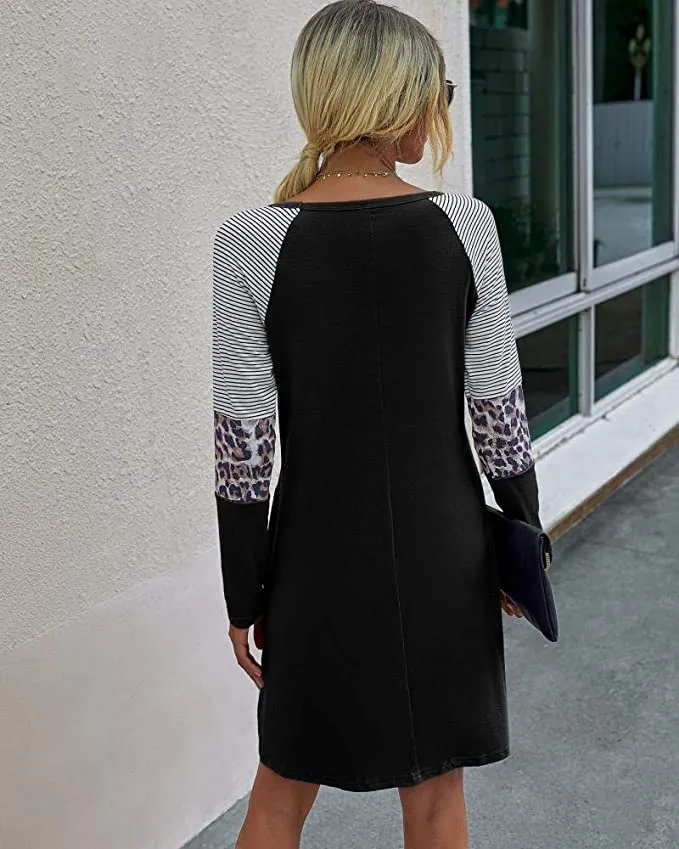 New Womens Yacun Casual Tshirt Long Sleeve Crewneck Stripe Leopard Midi Dress, Black, Sz M!