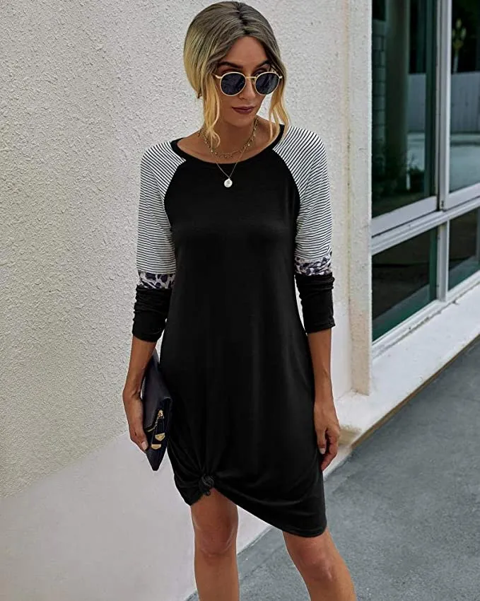 New Womens Yacun Casual Tshirt Long Sleeve Crewneck Stripe Leopard Midi Dress, Black, Sz M!
