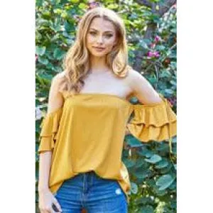 Off-The-Shoulder Mustard Knit Top (White Birch)