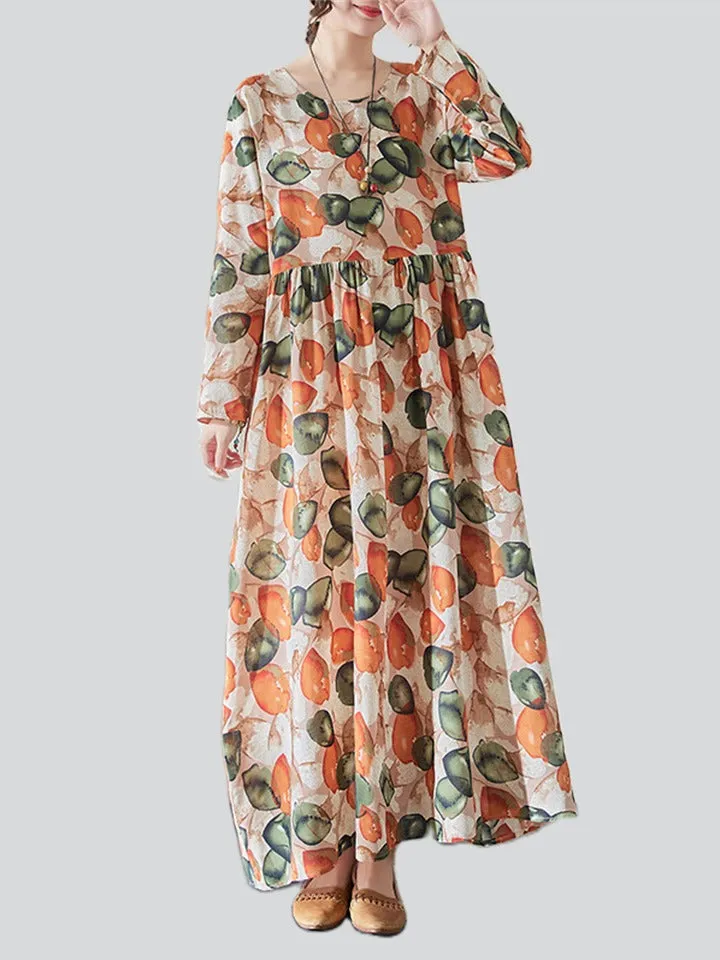 Orange Green Leaf Print Spring Loose Dress for Women