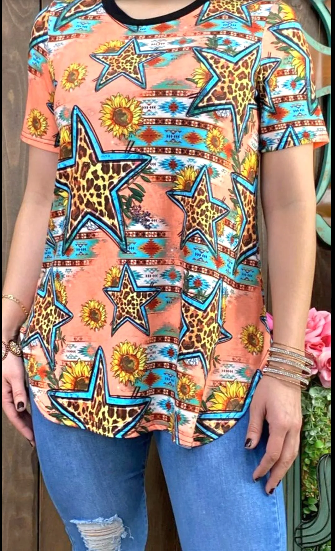 Orange Leopard Star Print Short sleeve top