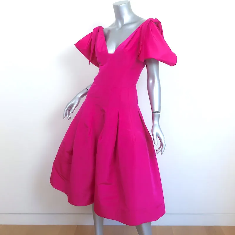 Oscar de La Renta Bow-Shoulder Midi Dress Fuchsia Silk Faille Size 2