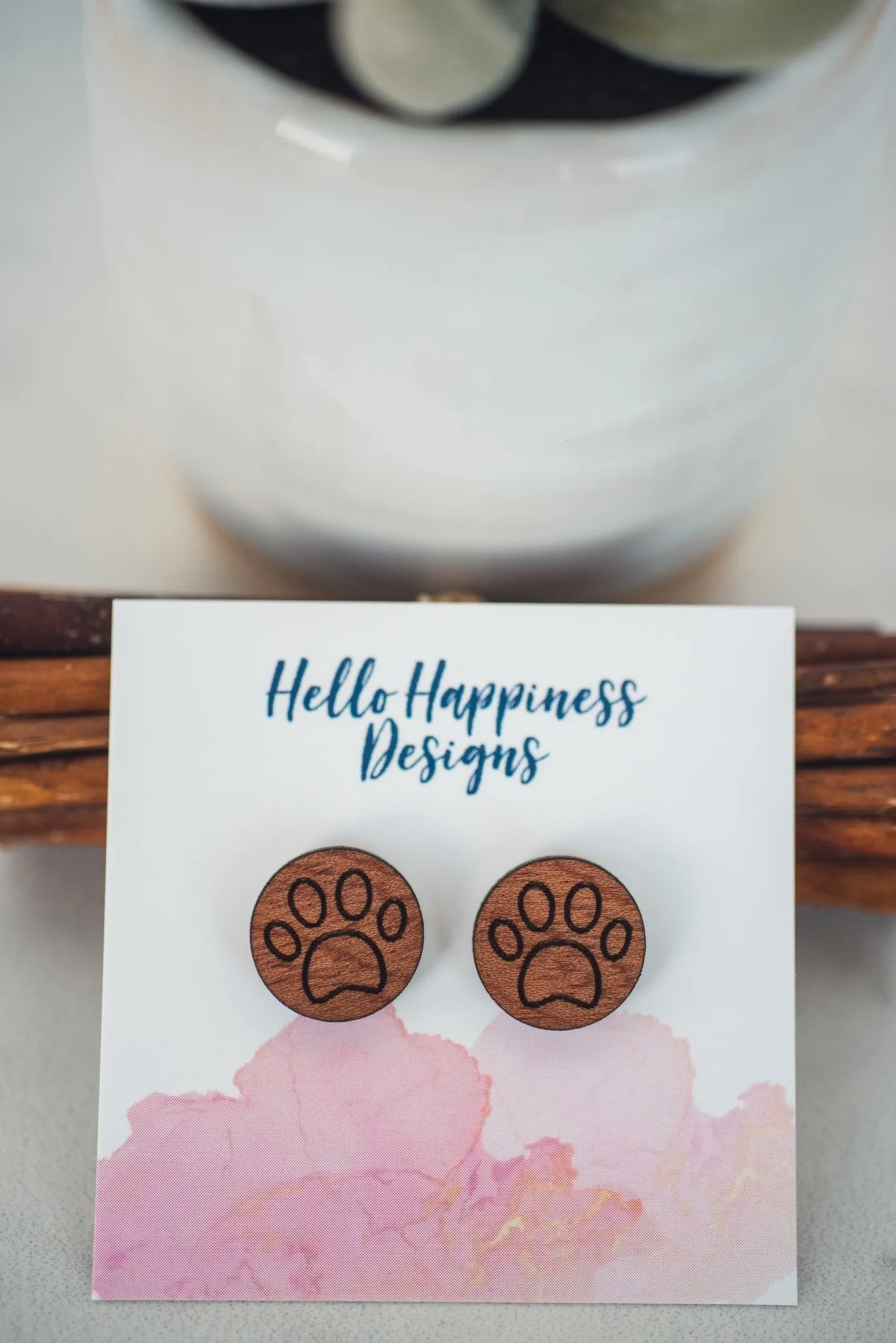 Paw Print Wooden Stud Earrings